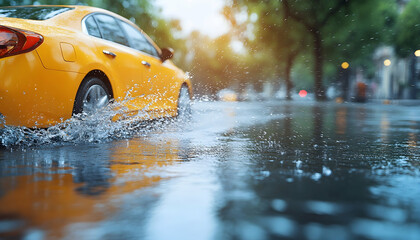 Realistic Photo - Yellow Car Splashing Through Puddle on Rainy Day
