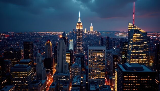 Panoramic nighttime shot of NYC skyline, myriad glowing windows , windows, skyscrapers