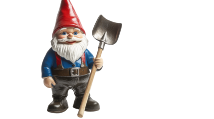 Garden gnome gripping shovel beaming with joy isolated on white background 