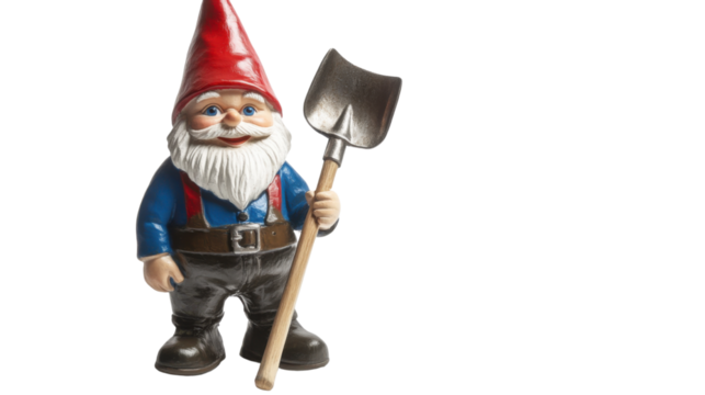 Garden gnome gripping shovel beaming with joy isolated on white background 