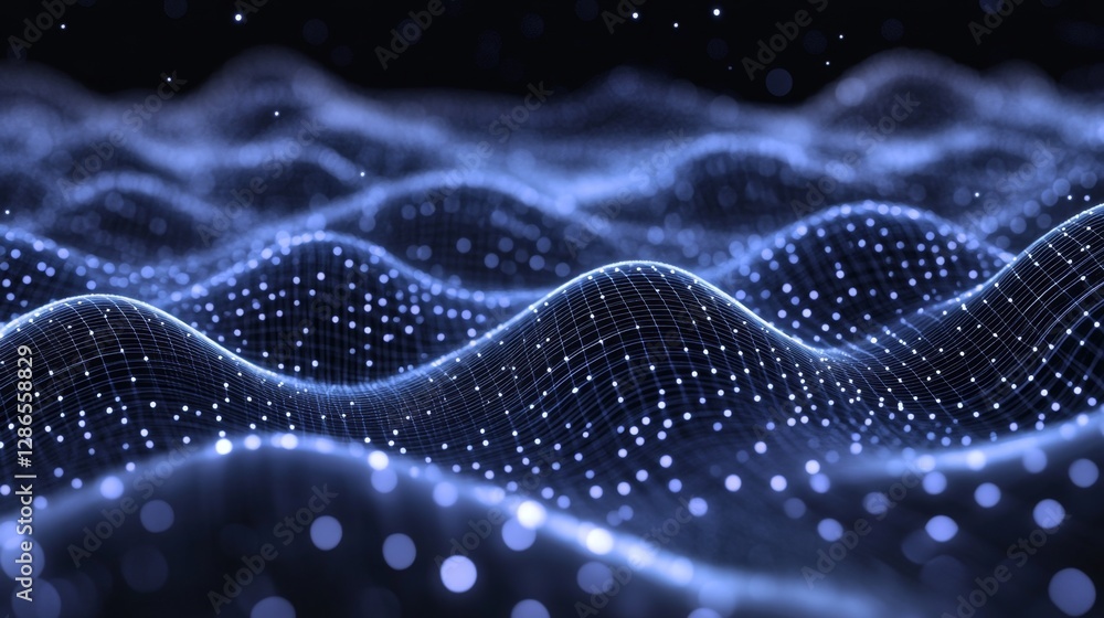 Fototapete a close-up of a futuristic point wave pattern with glowing dots and flowing lines