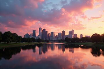 Fototapeta premium Stunning panoramic view of downtown LA from Echo Park Lake at golden hour, downtown la, horizon