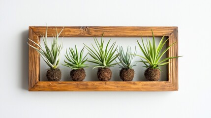 A minimalist home office with air plants mounted on a decorative wooden frame