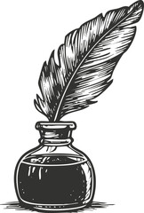 Illustration of a vintage quill and ink bottle drawing.