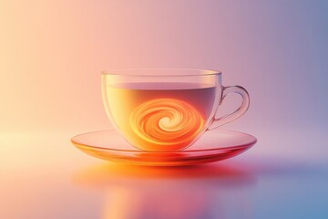  Transparent glass cup with spiral pattern inside creamy beverage, placed on matching saucer, soft gradient background, warm and minimalist design.