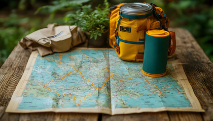 Fototapeta premium Photo Travel Essentials Adventure Map Backpack Gear Trip Journey Explore Hiking Wanderlust