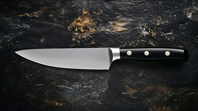 Kitchen old knife on a black stone table. Top view. Free space for your text.