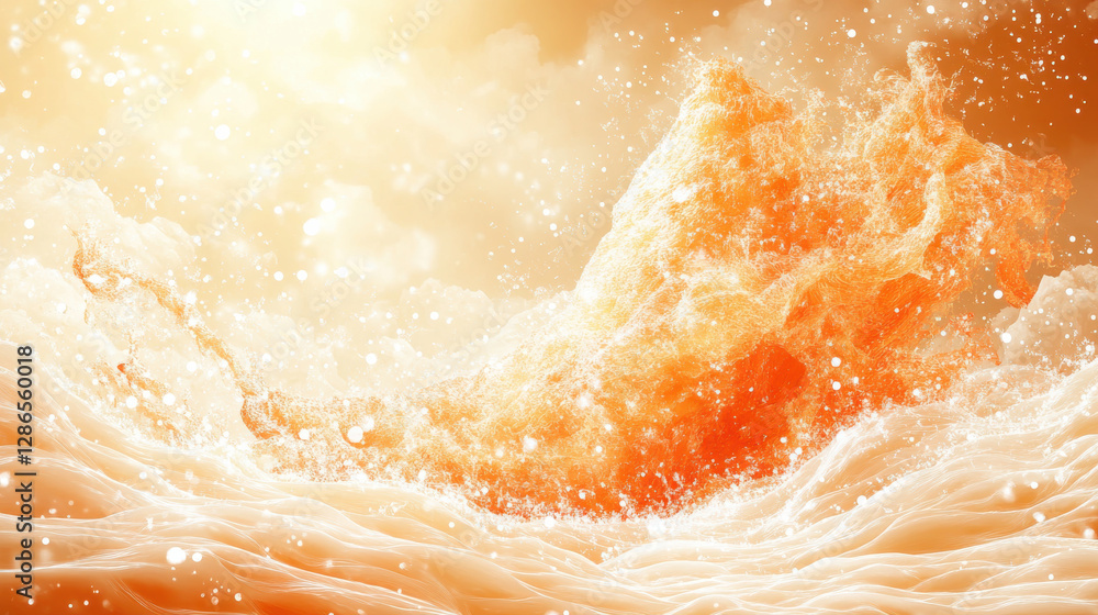 Poster vibrant orange waves crashing with sparkling water droplets create dynamic scene