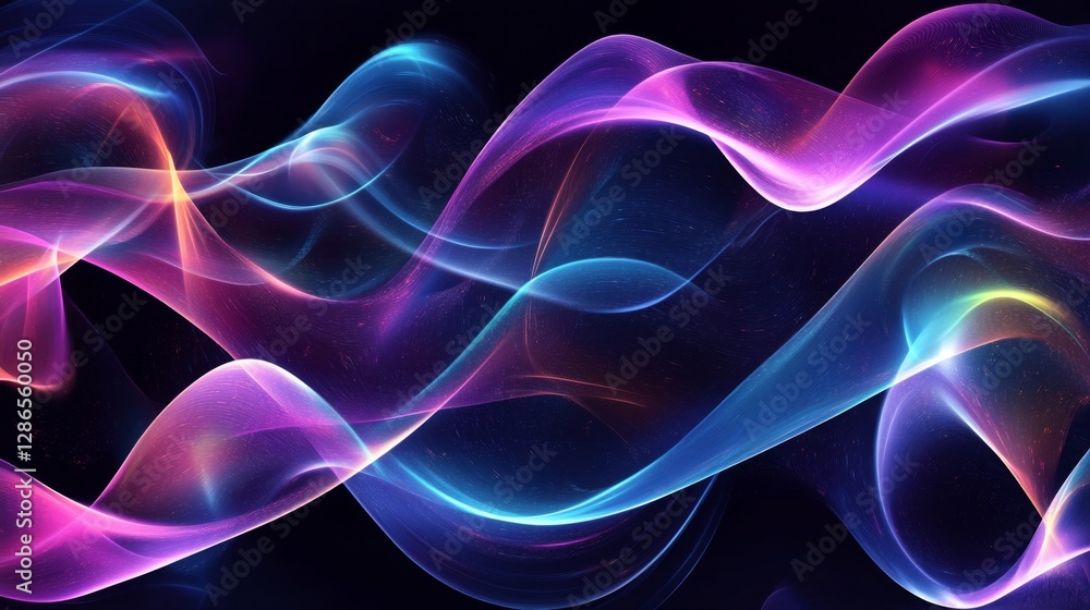Poster a pattern of abstract fluid holographic designs with smooth transitions on a dark background
