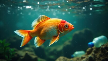 Fish swimming amidst plastic bottles, murky water , environmental disaster, sea