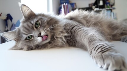 Gray Maine Coon Cat Lying on Table Licking Nose with Tongue Out