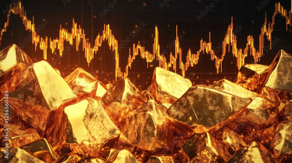 Poster a realistic image of a gold price chart with sharp spikes and dips, indicating market volatility
