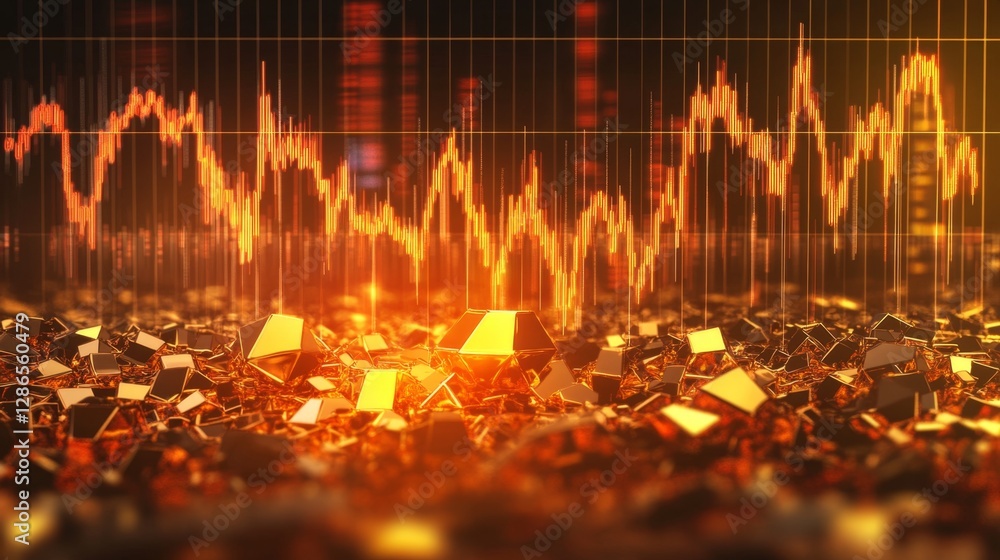 Poster a realistic image of a gold price chart with sharp spikes and dips, indicating market volatility