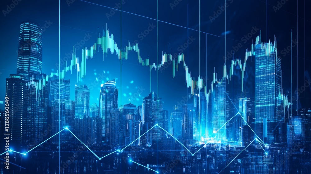 Aufkleber a realistic image of a rising stock graph with a modern cityscape in the background, representing fi