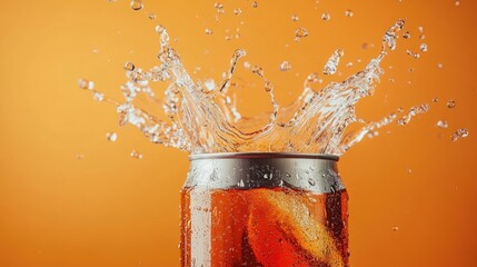 A tilted soda can releases an energetic splash of cola, the fizz and bubbles adding excitement to the motion.