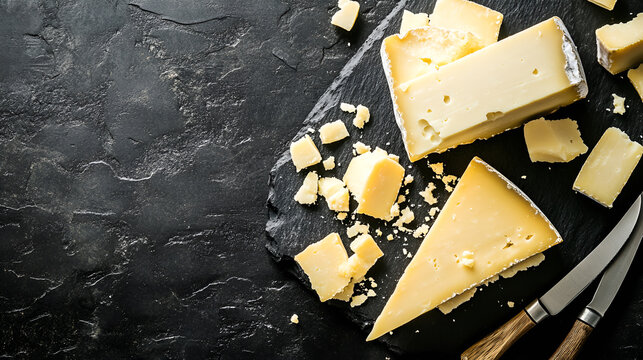 Set of hard cheeses with cheese knives on black stone background. Parmesan. Top view. Free space for your text.