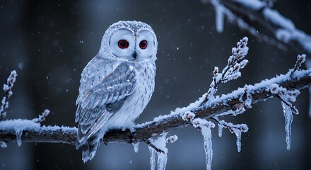 Captivating Snowy Owl Perched on Frosty Branch in Winter Wonderland