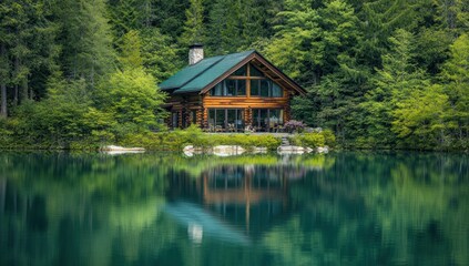 Fototapeta premium Secluded Lakefront Log Cabin in a Verdant Forest