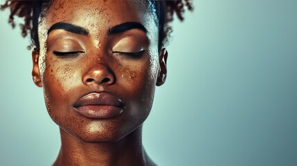 A portrait of a woman with closed eyes and glowing, dewy skin and lips in a calm pose.