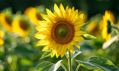Golden sunflower with textured center. Green leaves with morning dew. Blurred background with more sunflowers. Sunlit summer scene.