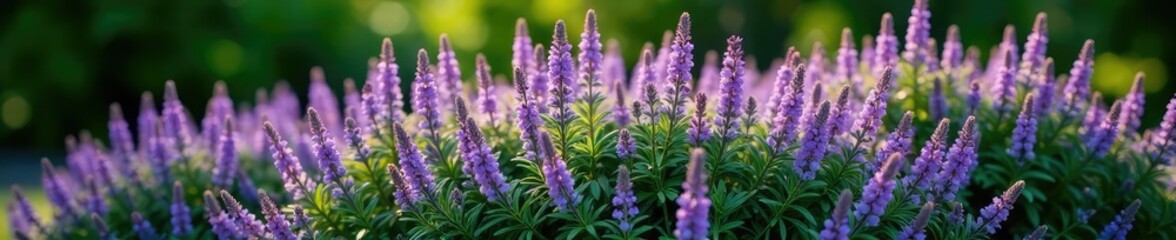 Obraz premium Dense foliage of purple flowers around a small shrub, garden, flowers, foliage