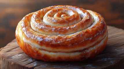 Fototapeta premium Freshly baked sticky bun with glossy glaze, resting on wooden surface