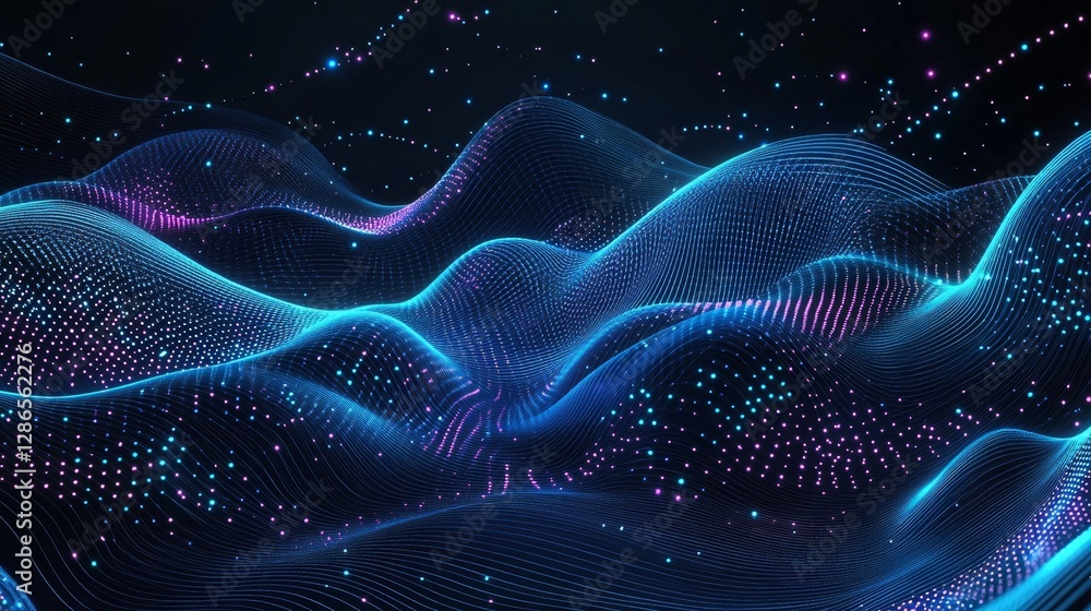 Poster a textured background of futuristic point waves with glowing dots and flowing lines