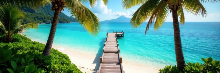 Fototapeta premium Steps lead down to turquoise lagoon, palm trees & jetty , calm, tropical beach