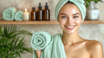 Beautiful young woman smiling after spa treatment with towel