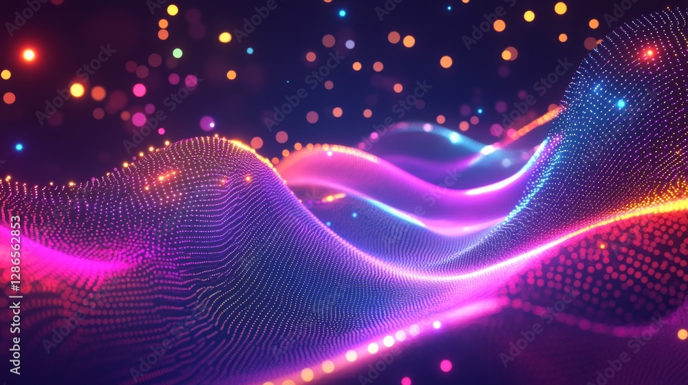 Poster a vibrant futuristic point wave pattern with glowing dots and flowing lines