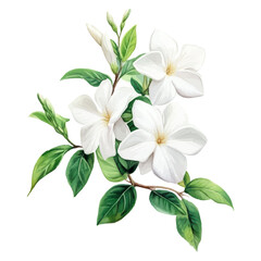 Elegant watercolor illustration of white jasmine flowers with lush green leaves