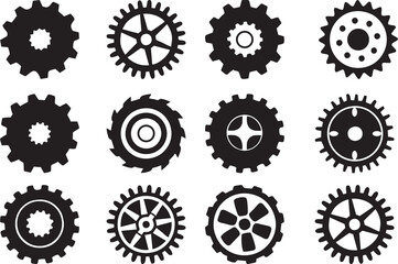Hand drawn gear and bicycle stars. Industrial profiled wheel with teeth that engages with a chain. Transmission cogwheels and gears for machines