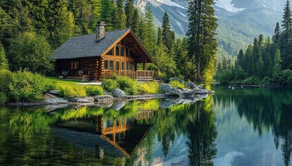 Obraz premium Serene Lakeside Log Cabin in the Mountains