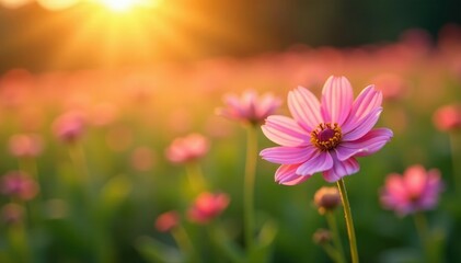 Obraz premium Soft petals of pink flowers gently sway in morning breeze, field, sunrise, blooming