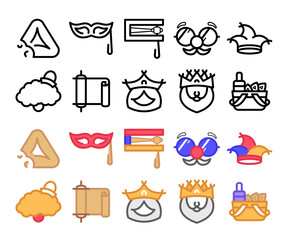 set of outline and flat icons for the Purim holiday or circus