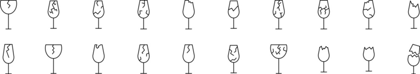 Broken Glass of Wine Line Icon Bundle. Minimalistic Linear Pictogram for Web and Graphic Design, Apps, Banners, Social Network and Cards