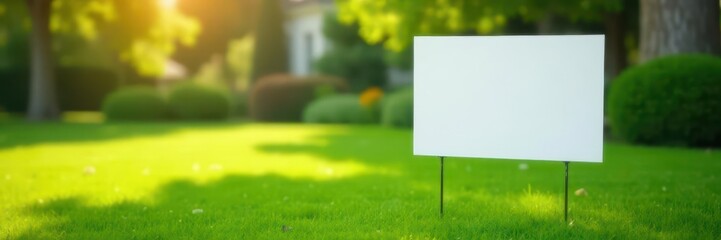 Immaculately clean yard sign on lush, manicured lawn, shallow depth of field,  sign,  background,  summer