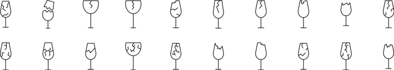 Bundle of Line Icons of Broken Glass of Wine. Minimalistic Linear Pictogram for Web and Graphic Design, Apps, Banners, Social Network and Cards