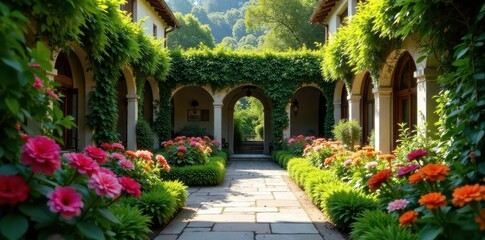 Lush greenery surrounds a vibrant flower filled courtyard,  vibrant,  plants,  abundant