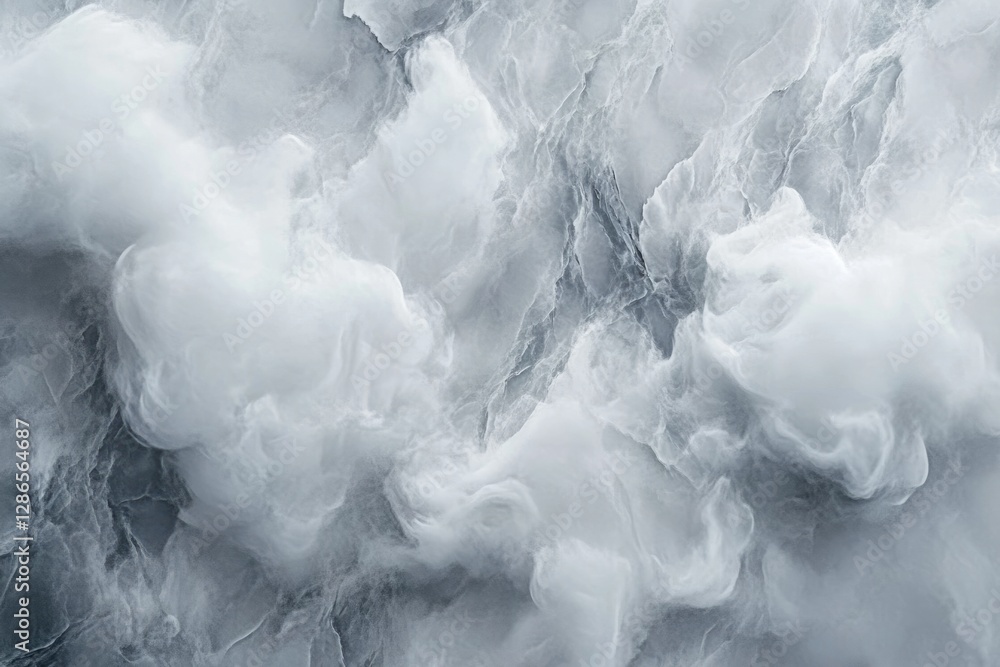 Poster abstract grayscale image resembling swirling clouds or smoke, creating a dreamy, ethereal texture.