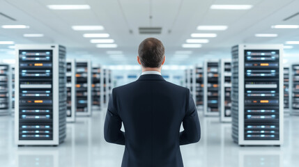 Data Center Visionary: A suited man stands with his back to the camera, gazing upon rows of server racks in a cutting-edge data center. The scene evokes innovation and the power of modern technology.