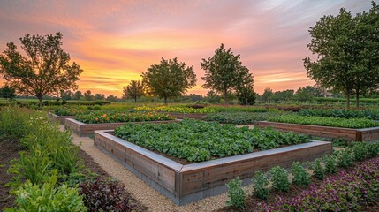 Fototapeta premium Peaceful Organic Vegetable Garden Under a Soft Pastel Sky