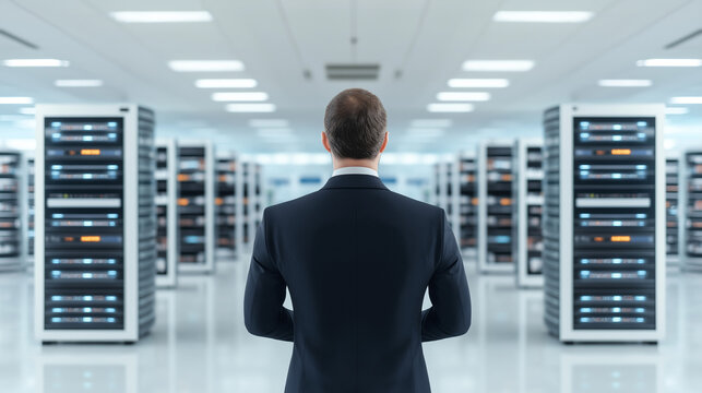 Data Center Visionary: A suited man stands with his back to the camera, gazing upon rows of server racks in a cutting-edge data center. The scene evokes innovation and the power of modern technology.