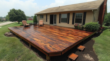 Freshly stained large cedar wood deck with outdoor seating and greenery