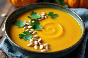 Butternut squash and coconut milk soup topped with toasted pumpkin seeds and fresh cilantro leaves, squash, seeds, milk