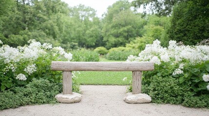 Wooden bench in garden, tranquil scene, idyllic setting. Possible use Stock photo for nature, relaxation, or parks