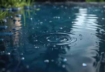 Water droplets create a disturbance on the calm surface of a blue lake, movement, water