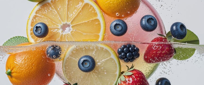 Citrus fruits and berries lying in a bubbly liquid.