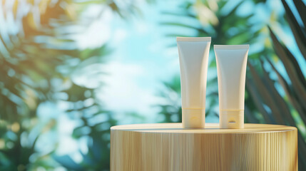 Pair of sunscreen tubes on a wooden podium with tropical backdrop