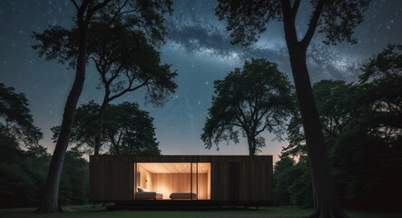 A Hidden Secluded Cabin with a Glass Ceiling Designed for Spectacular Stargazing Experiences Surrounded by Nature's Beauty.